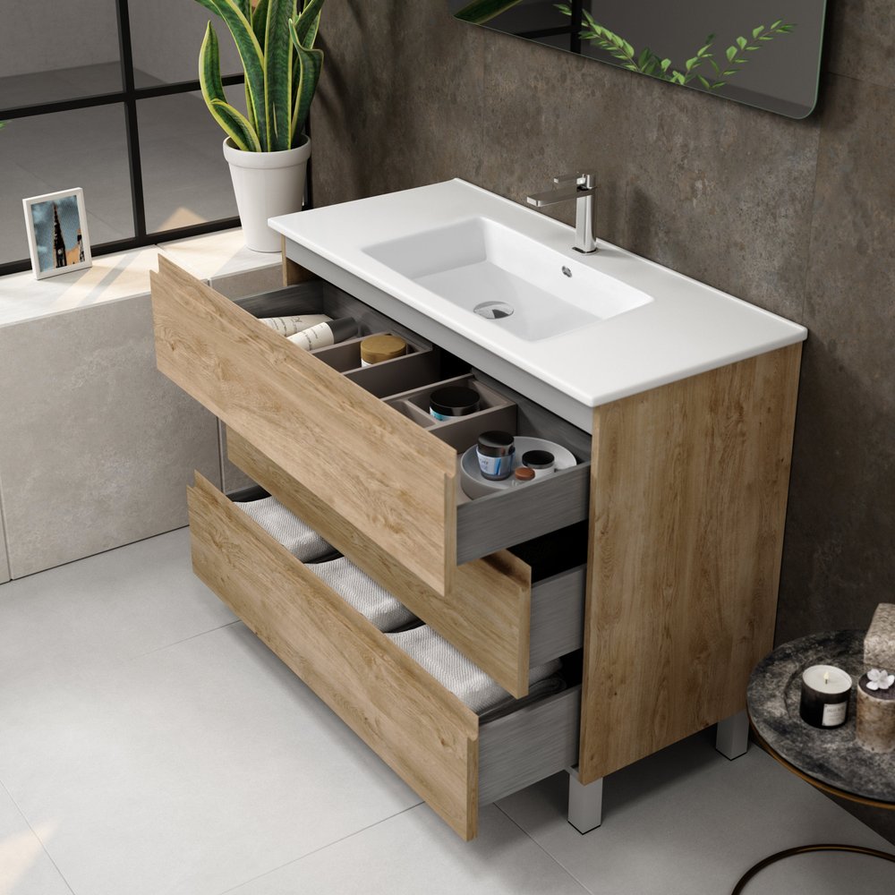 40" Oak Wood Freestanding Bathroom Vanity With White Sink And Three Drawers