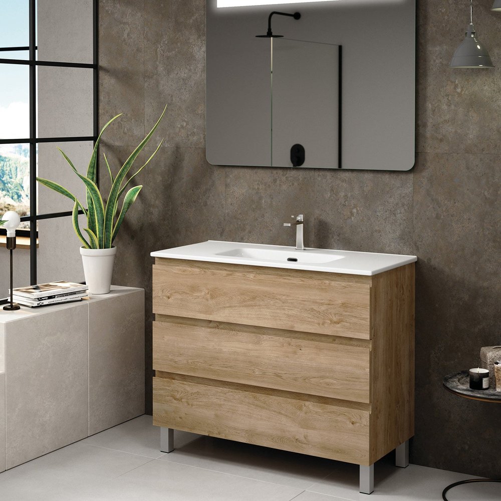 40" Oak Wood Freestanding Bathroom Vanity With White Sink And Three Drawers