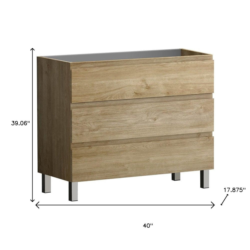 40" Oak Wood Freestanding Bathroom Vanity With White Sink And Three Drawers