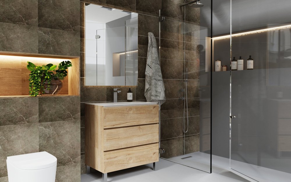 40" Oak Wood Freestanding Bathroom Vanity With White Sink And Three Drawers