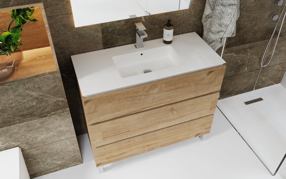 40" Oak Wood Freestanding Bathroom Vanity With White Sink And Three Drawers