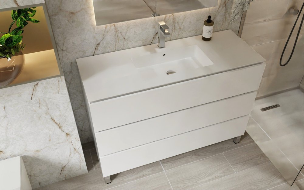 48" White Wood Freestanding Bathroom Vanity With White Sink And Three Drawers