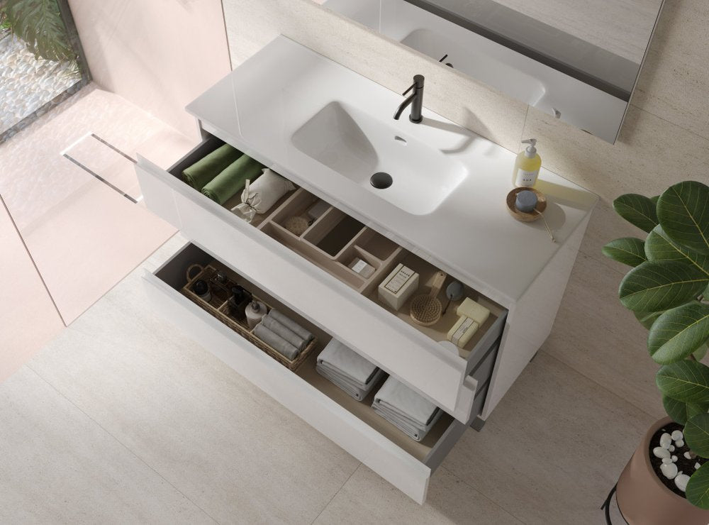 48" White Wood Freestanding Bathroom Vanity With White Sink And Three Drawers