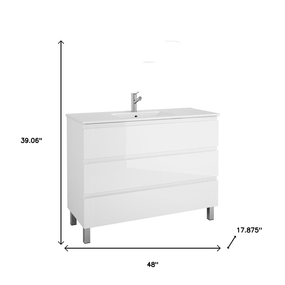 48" White Wood Freestanding Bathroom Vanity With White Sink And Three Drawers