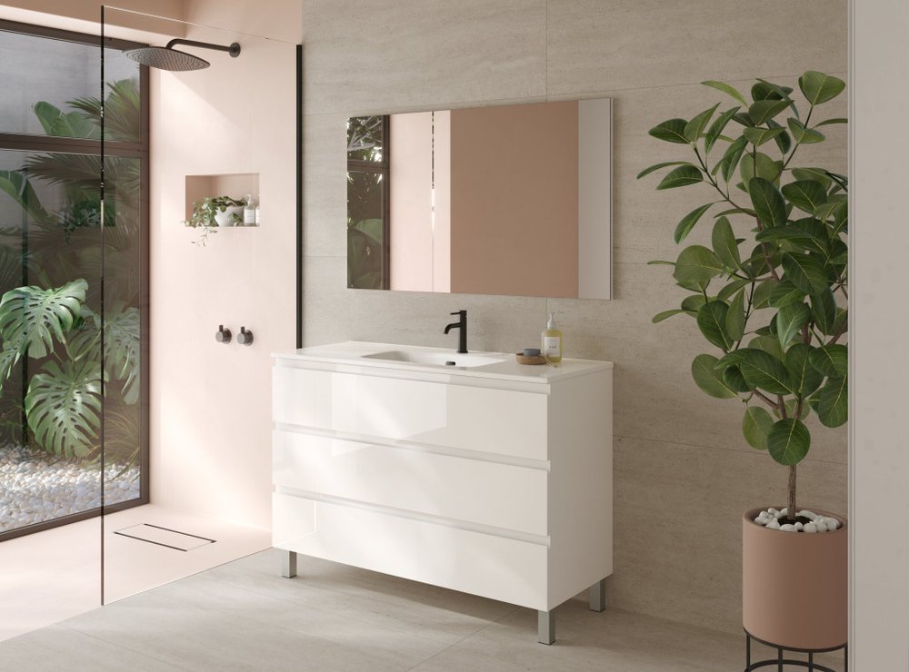 48" White Wood Freestanding Bathroom Vanity With White Sink And Three Drawers