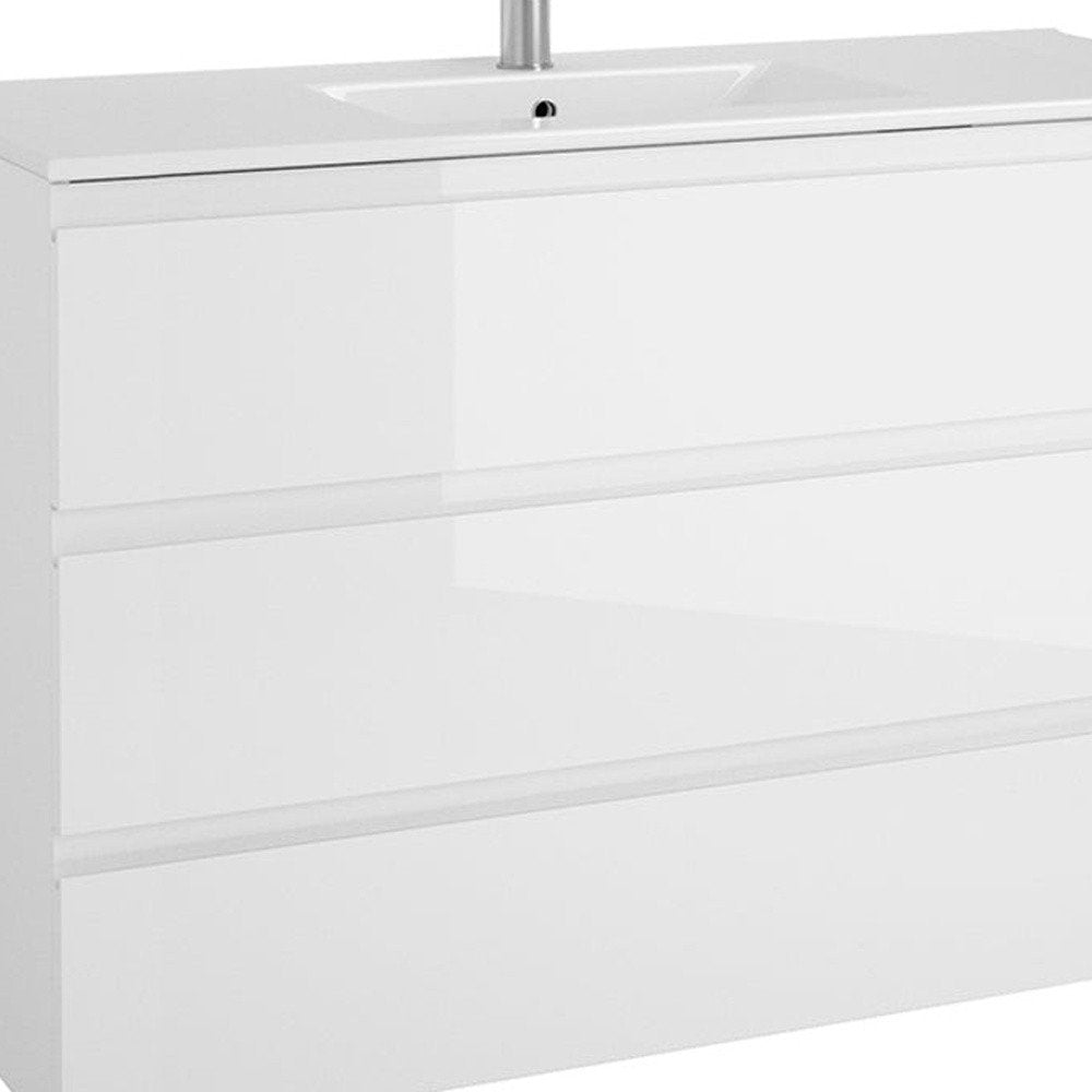 48" White Wood Freestanding Bathroom Vanity With White Sink And Three Drawers