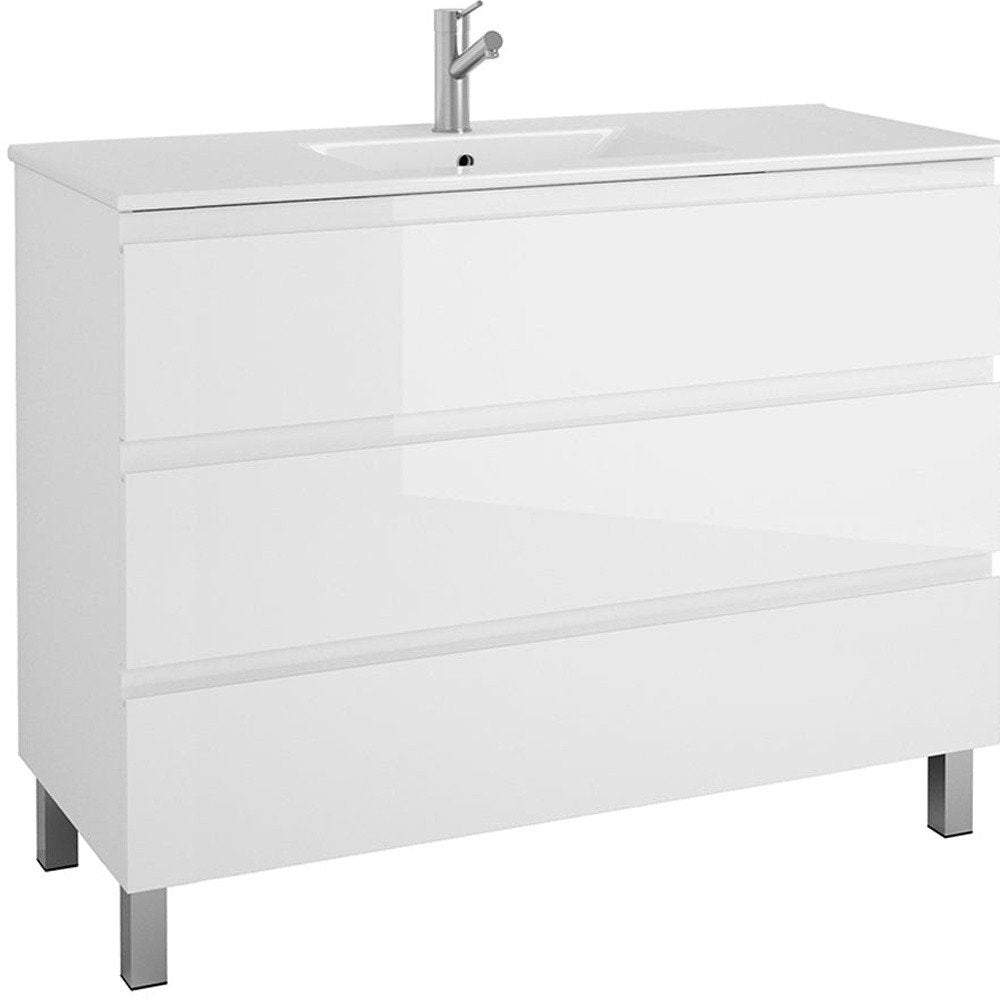 48" White Wood Freestanding Bathroom Vanity With White Sink And Three Drawers