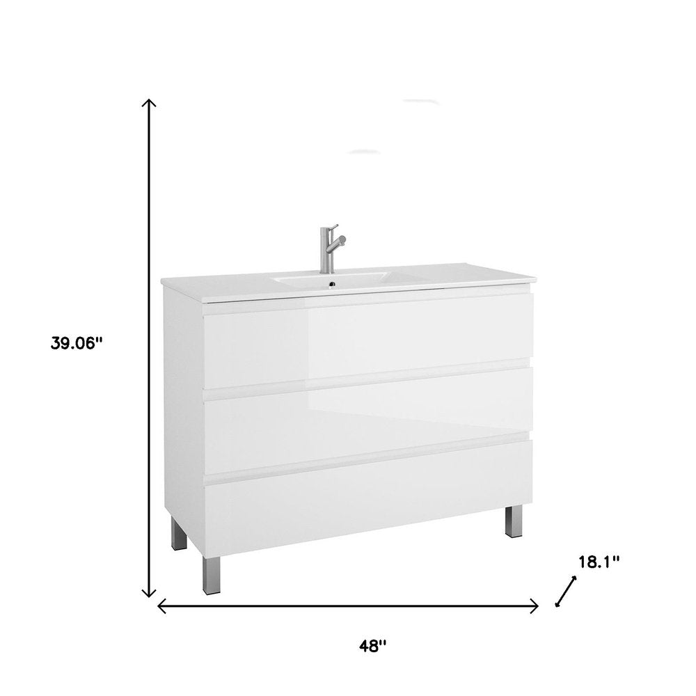 48" White Wood Freestanding Bathroom Vanity With White Sink And Three Drawers