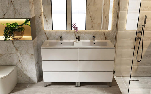 64" White Wood Freestanding Bathroom Vanity With White Sink And Three Drawers