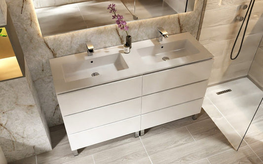 64" White Wood Freestanding Bathroom Vanity With White Sink And Three Drawers