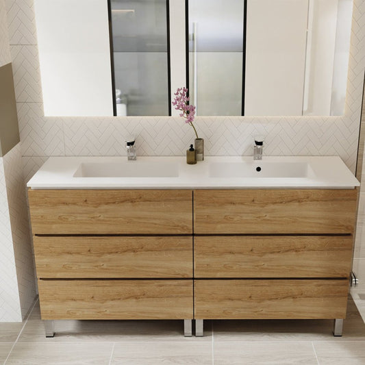 64" Oak Wood Freestanding Bathroom Vanity With White Sink And Three Drawers