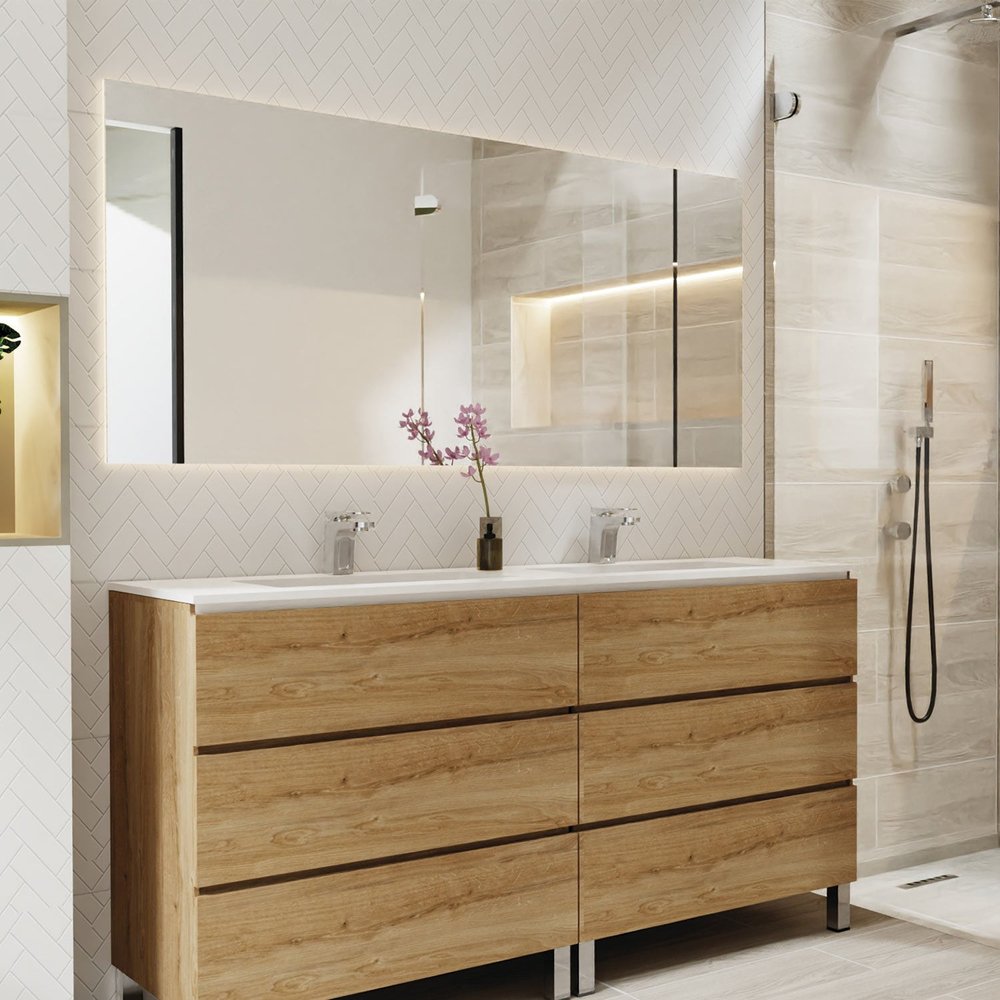 64" Oak Wood Freestanding Bathroom Vanity With White Sink And Three Drawers