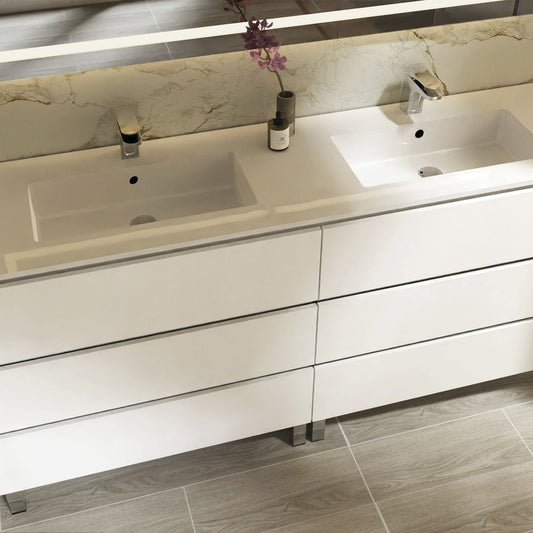 72" White Wood Freestanding Bathroom Vanity With White Sink And Three Drawers