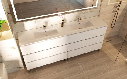 80" White Wood Freestanding Bathroom Vanity With White Sink And Three Drawers