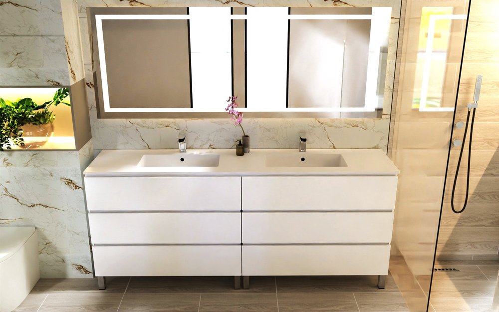 80" White Wood Freestanding Bathroom Vanity With White Sink And Three Drawers