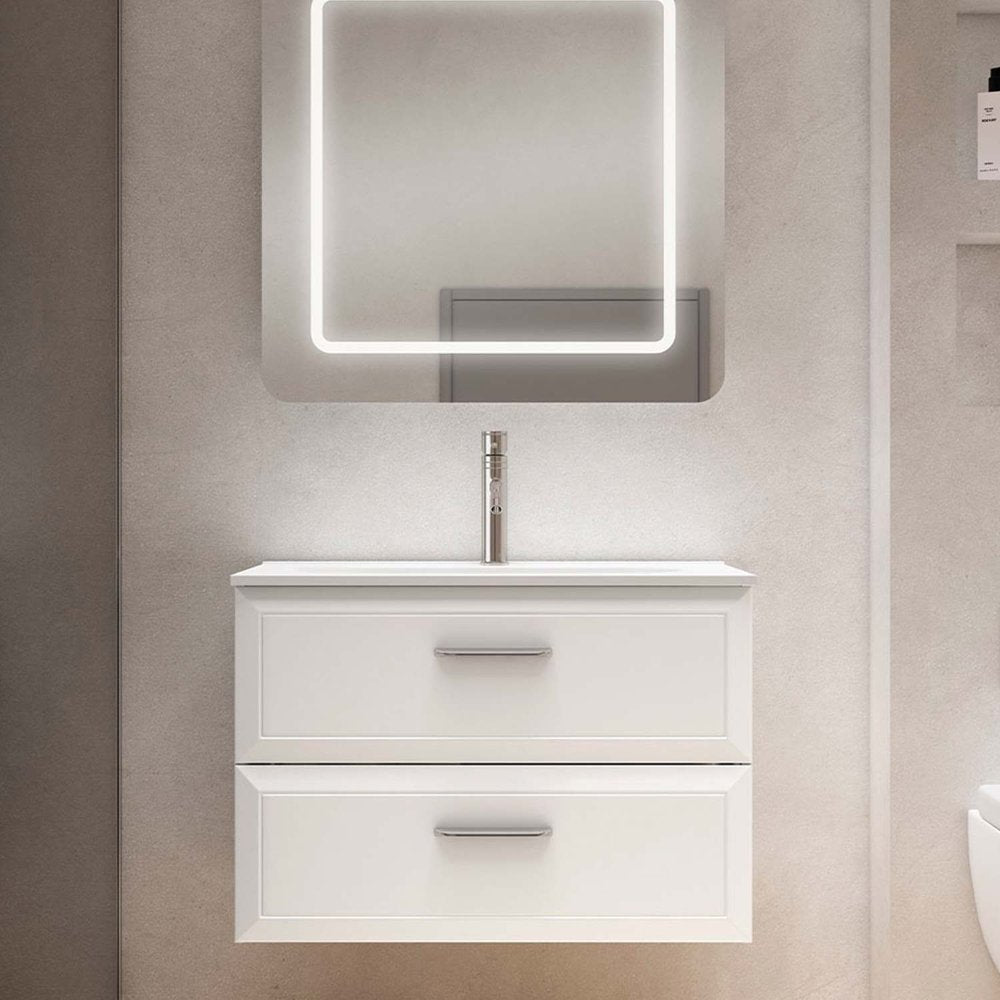 24" White Wood Floating Bathroom Vanity With White Sink And Three Drawers