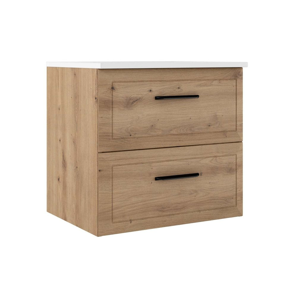 24" Natural Wood Floating Bathroom Vanity With White Sink And Two Drawers