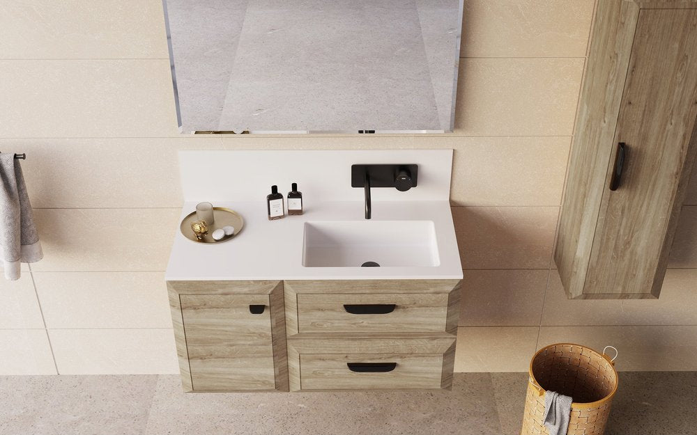 24" Natural Wood Floating Bathroom Vanity With White Sink And Two Drawers
