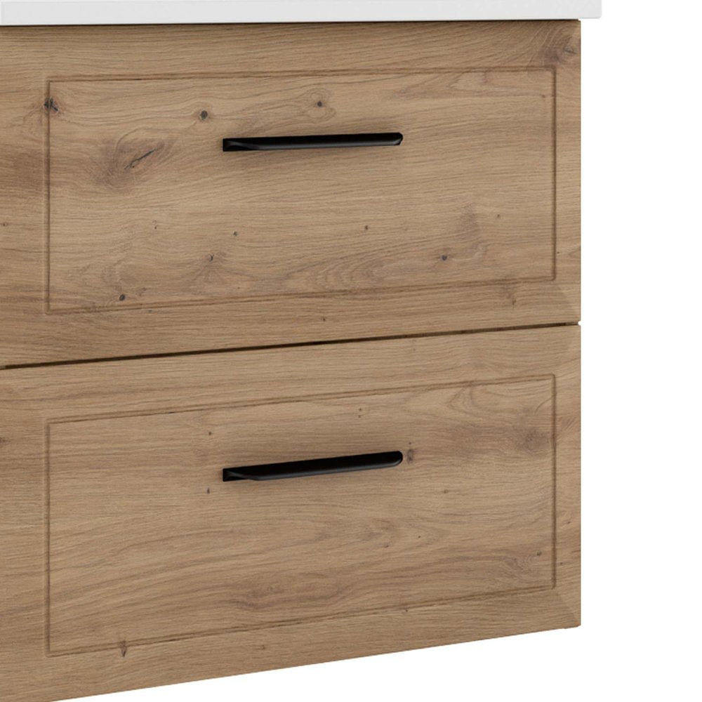 24" Natural Wood Floating Bathroom Vanity With White Sink And Two Drawers