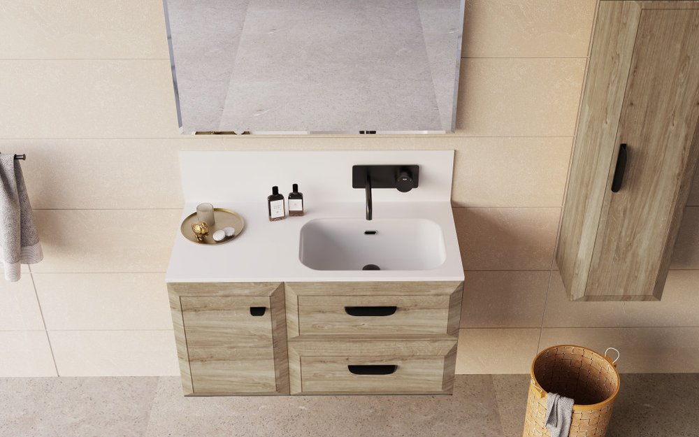 24" Natural Wood Floating Bathroom Vanity With White Sink And Two Drawers