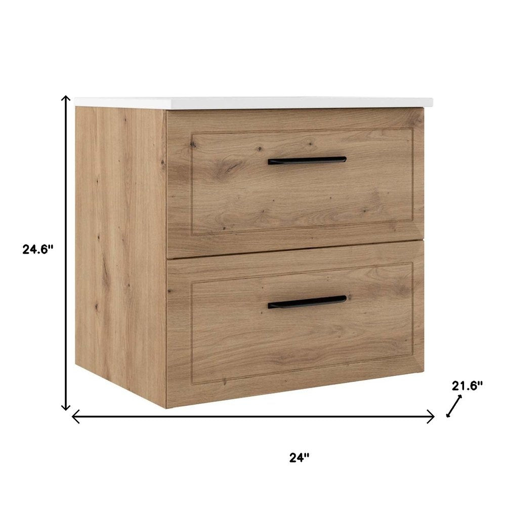 24" Natural Wood Floating Bathroom Vanity With White Sink And Two Drawers