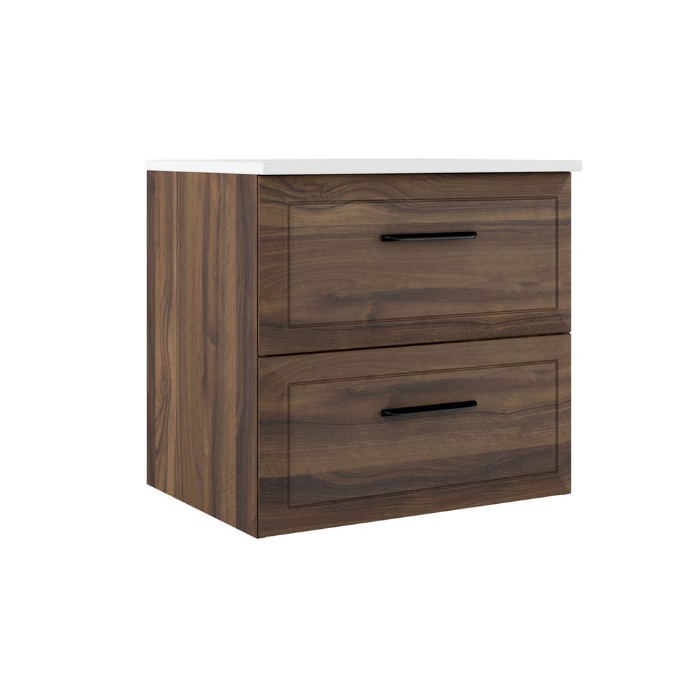 24" Dark Brown Wood Floating Bathroom Vanity With White Sink And Two Drawers