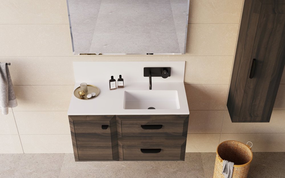 24" Dark Brown Wood Floating Bathroom Vanity With White Sink And Two Drawers