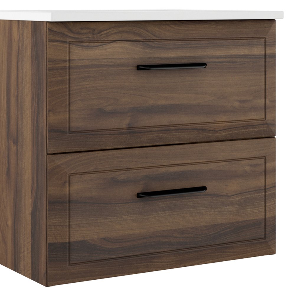 24" Dark Brown Wood Floating Bathroom Vanity With White Sink And Two Drawers