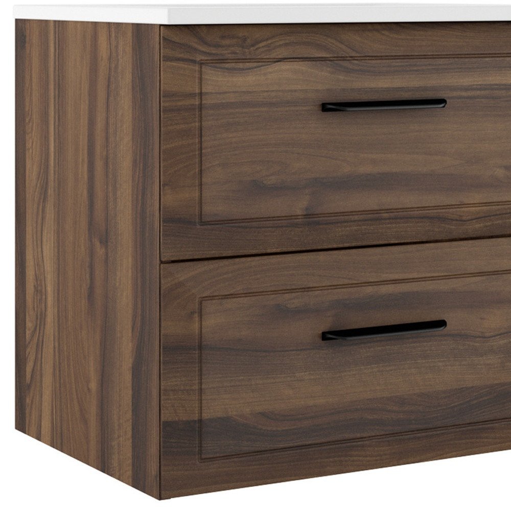 24" Dark Brown Wood Floating Bathroom Vanity With White Sink And Two Drawers