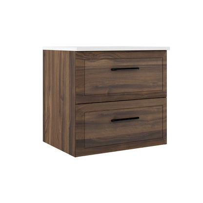24" Dark Brown Wood Floating Bathroom Vanity With White Sink And Two Drawers