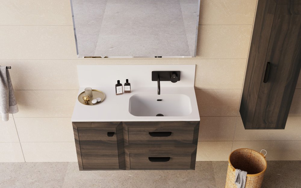 24" Dark Brown Wood Floating Bathroom Vanity With White Sink And Two Drawers