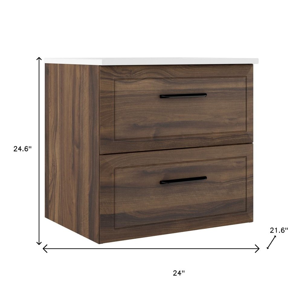 24" Dark Brown Wood Floating Bathroom Vanity With White Sink And Two Drawers