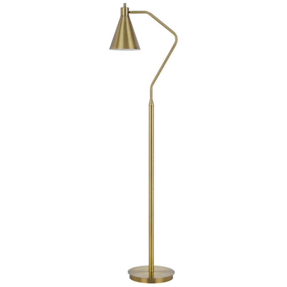63" Antiqued Brass Metal Reading Floor Lamp With Antiqued Brass Metal Cone Shade