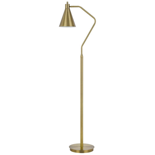 63" Antiqued Brass Metal Reading Floor Lamp With Antiqued Brass Metal Cone Shade
