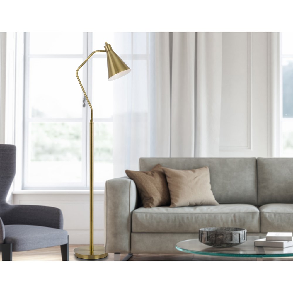 63" Antiqued Brass Metal Reading Floor Lamp With Antiqued Brass Metal Cone Shade