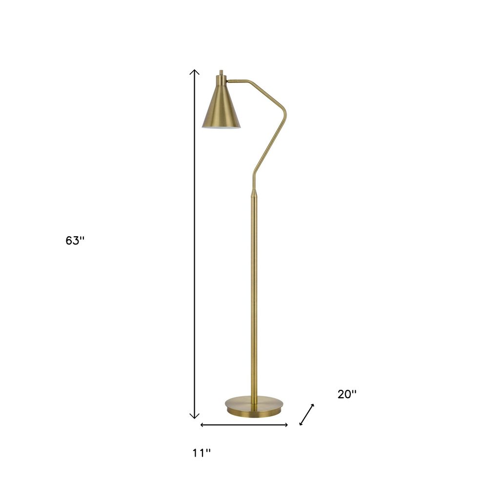 63" Antiqued Brass Metal Reading Floor Lamp With Antiqued Brass Metal Cone Shade