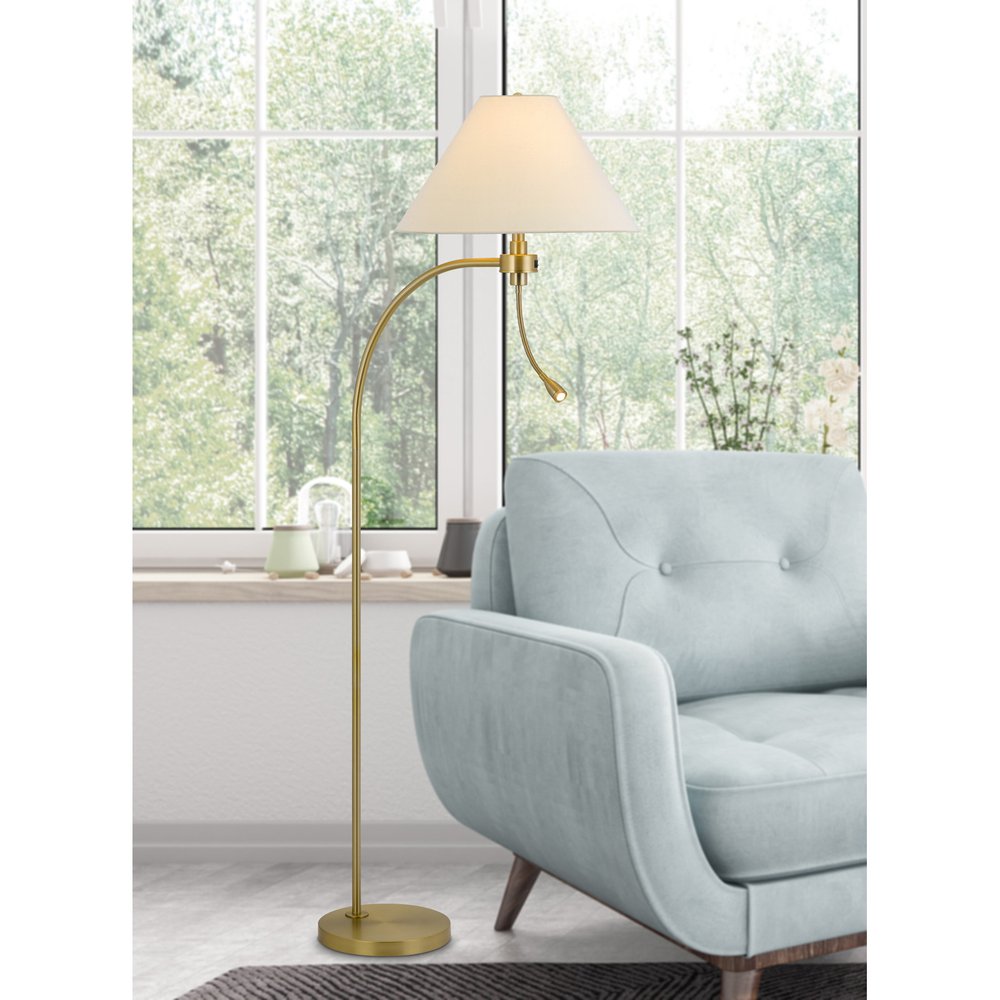 68" Antiqued Brass Metal Reading Floor Lamp With Off White Fabric Empire Shade