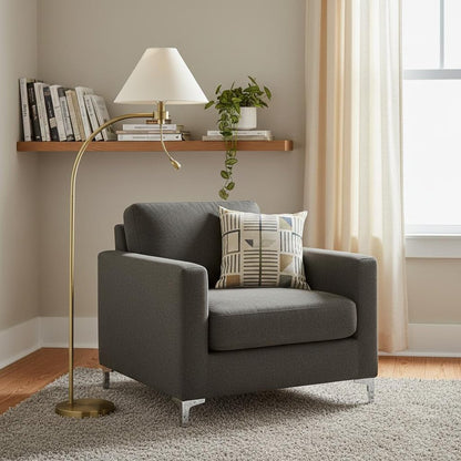 68" Antiqued Brass Metal Reading Floor Lamp With Off White Fabric Empire Shade