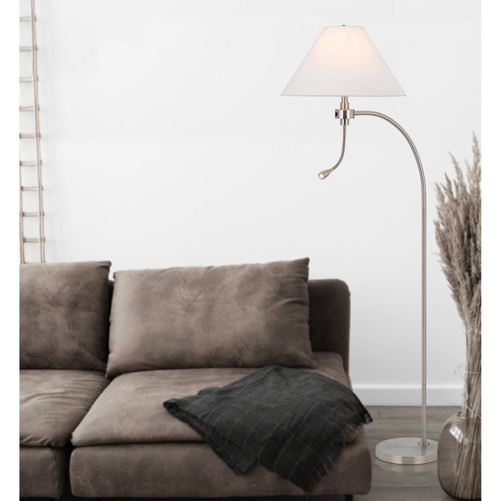 68" Nickel Metal Reading Floor Lamp With White Fabric Empire Shade