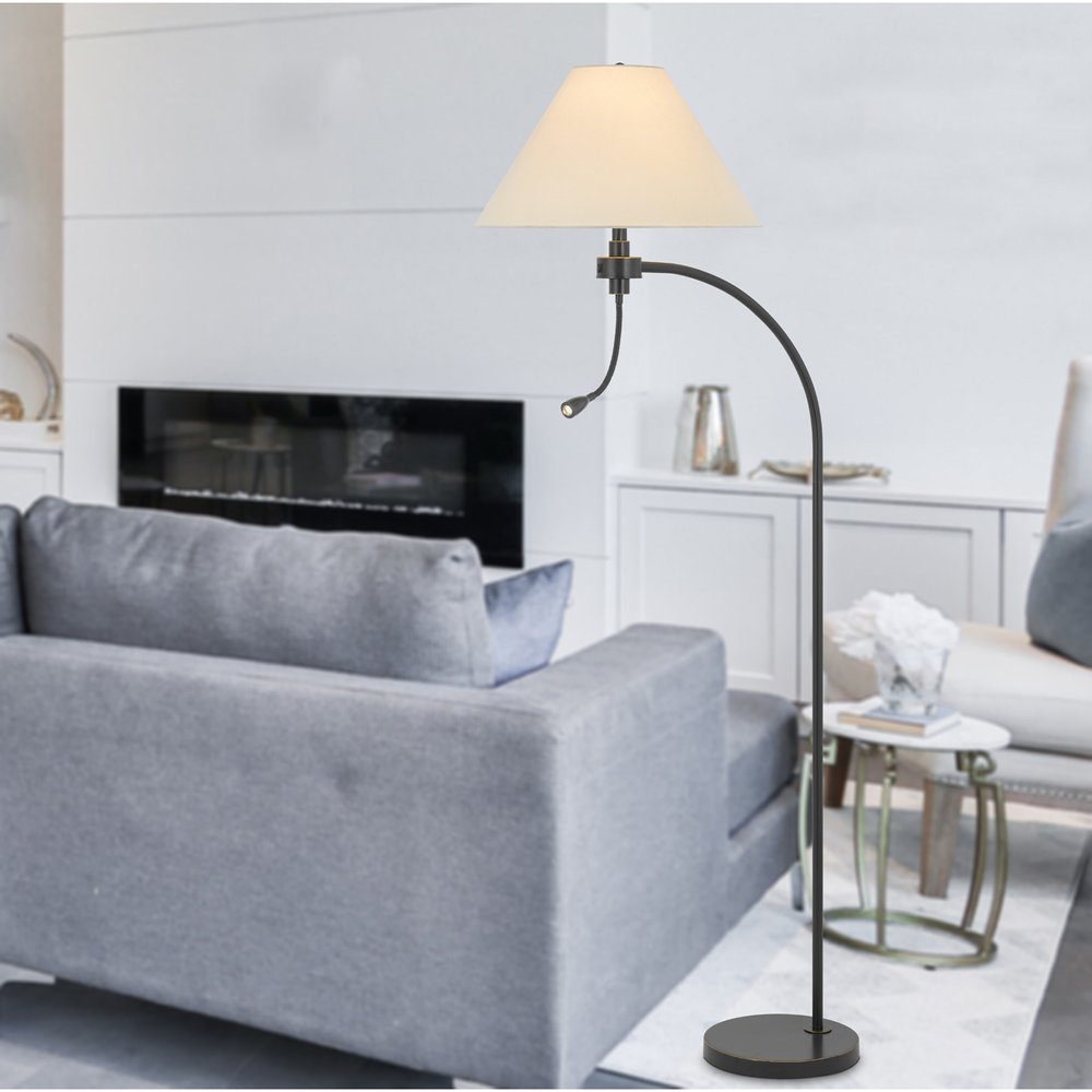 68" Bronze Metal Reading Floor Lamp With Off White Fabric Empire Shade