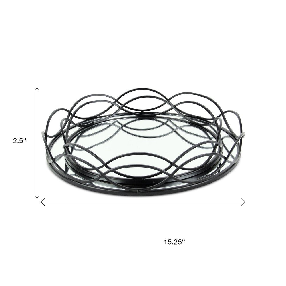 Set of Two Black And Silver Metal And Mirrored Glass Round Vanity Trays