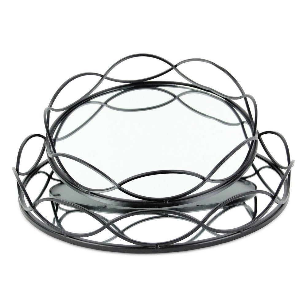Set of Two Black And Silver Metal And Mirrored Glass Round Vanity Trays