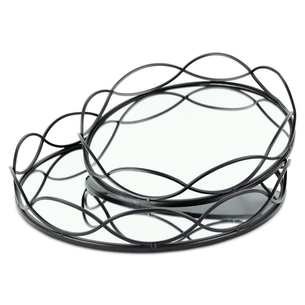 Set of Two Black And Silver Metal And Mirrored Glass Round Vanity Trays