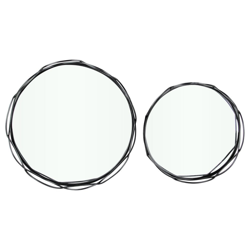 Set of Two Black And Silver Metal And Mirrored Glass Round Vanity Trays