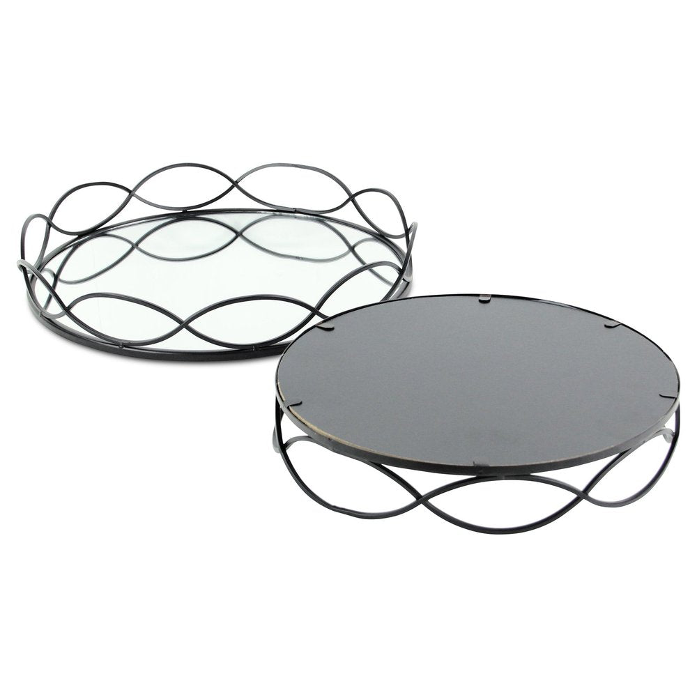 Set of Two Black And Silver Metal And Mirrored Glass Round Vanity Trays