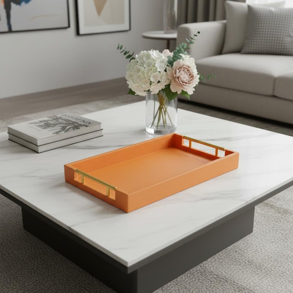 16" Orange And Gold Faux Shagreen Handmade Serving Tray With Handles