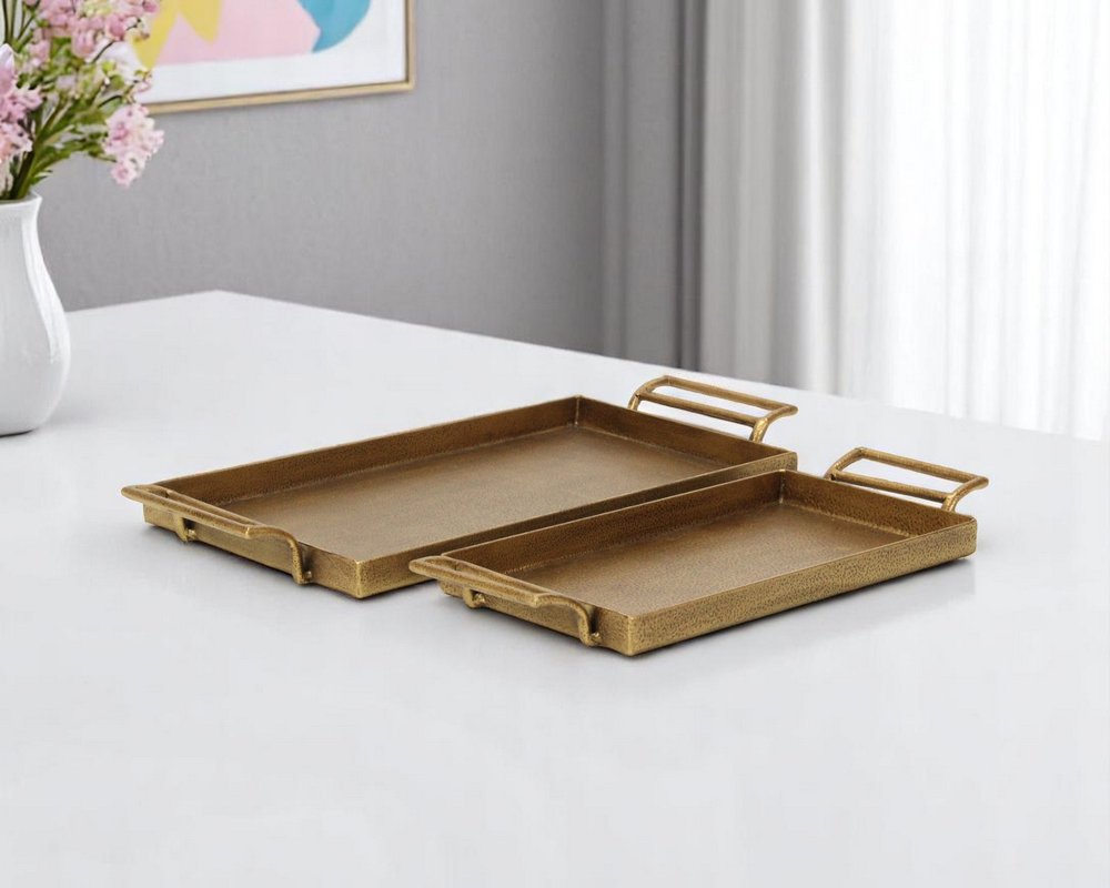 Set of Two Gold Cast Iron Handmade Vanity Trays With Handles