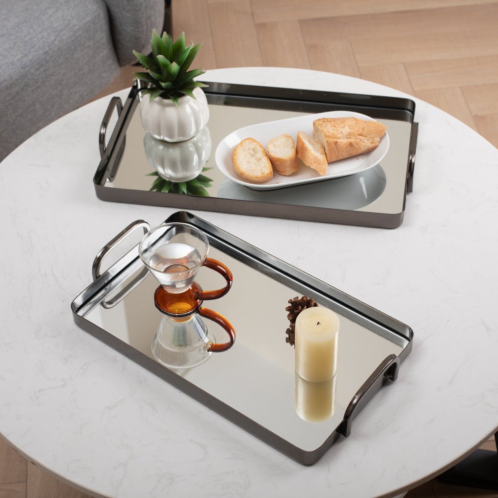 Set of Two Pewter Aluminum And Mirrored Glass Handmade Serving Trays