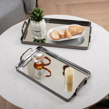 Set of Two Pewter Aluminum And Mirrored Glass Handmade Serving Trays