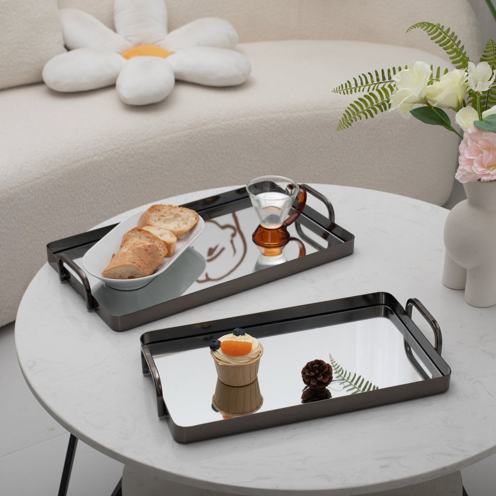 Set of Two Pewter Aluminum And Mirrored Glass Handmade Serving Trays